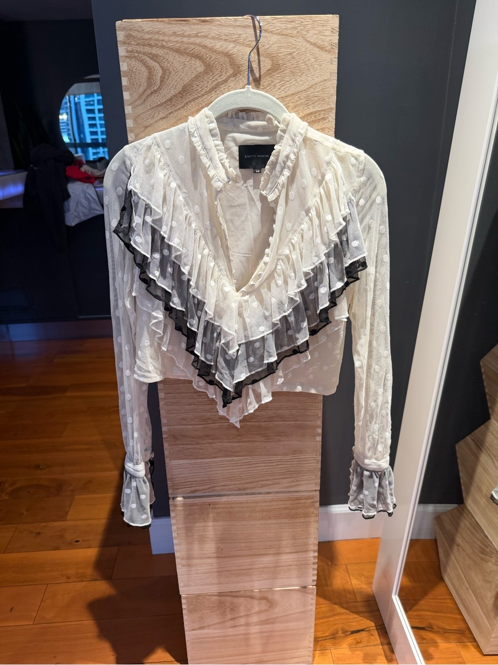 Sheer Cream Ruffle V-Neck Blouse with Black Trim